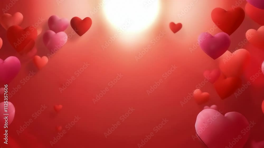 Poster a red background with many hearts scattered around it. the hearts are of different sizes and are pla