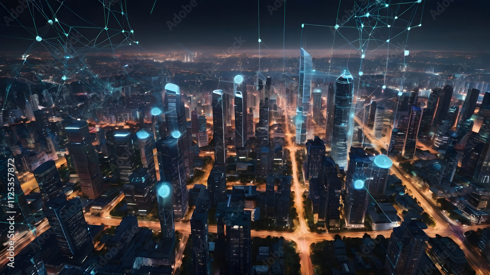 Poster connected cityscape: a mesmerizing aerial view of a modern metropolis, illuminated by the glow of co