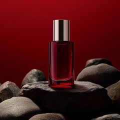 minimalist style beauty product in a burgundy color on rocks with a dark red background