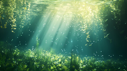 Obraz premium A serene underwater scene featuring lush green aquatic plants swaying gently with the current, illuminated by soft sunlight filtering through the water. Lush. Illustration