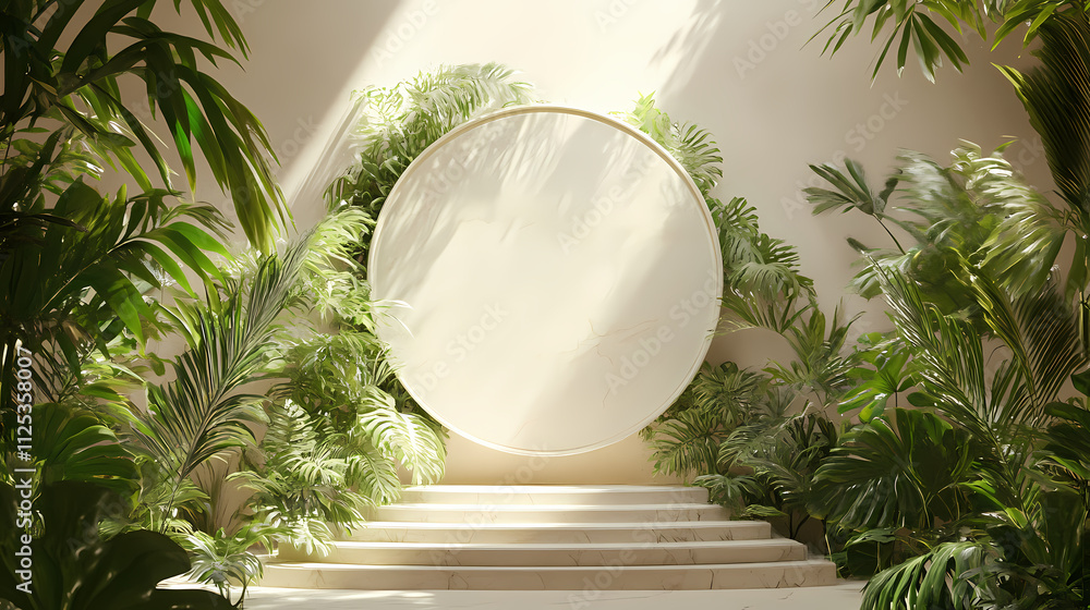 Fototapete A sleek 3d rendering of a circular portal framed by lush greenery on either side, situated atop a white marble staircase. the scene is set against a soft beige background. Lush. Illustration
