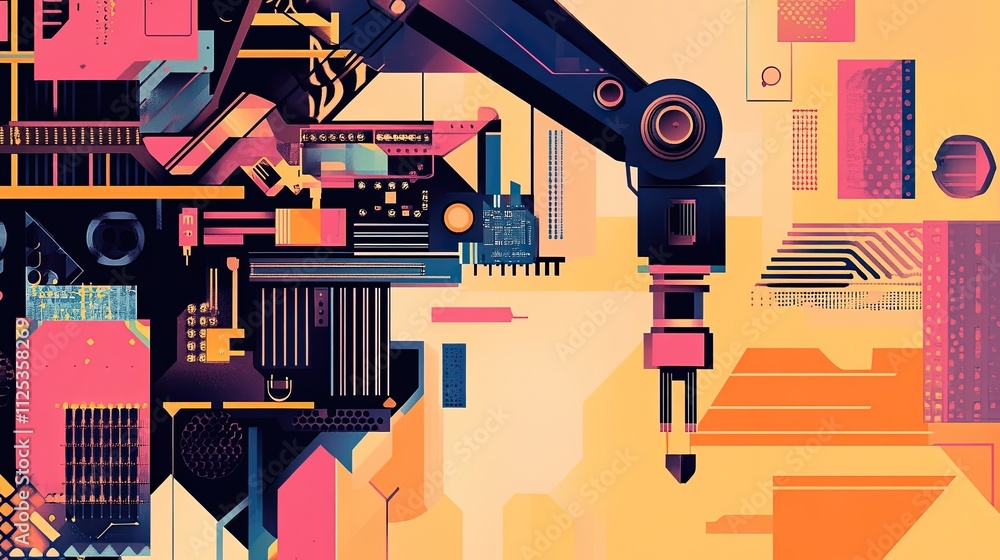 Aufkleber abstract robotic arm with vibrant geometric shapes and circuit board design elements.