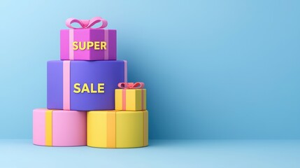 Colorful gift boxes stacked for a super sale, creating a lively and festive shopping atmosphere.