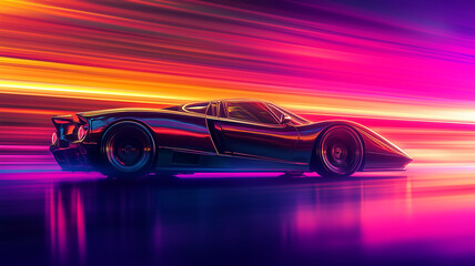 Futuristic car moving at high speed concept horizontal poster. Powerful acceleration of a supercar on a night track with colorful lights and trails. Bright colors. Digital illustration. AI artwork. 