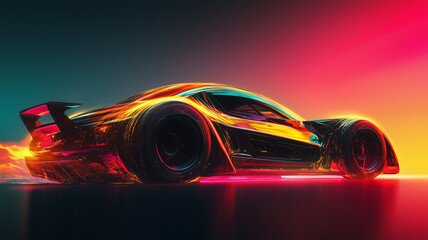 Futuristic car moving at high speed concept horizontal poster. Powerful acceleration of a supercar on a night track with colorful lights and trails. Bright colors. Digital illustration. AI artwork. 