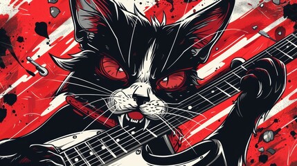 Cartoon cat face with a rockstar look, electric guitar background
