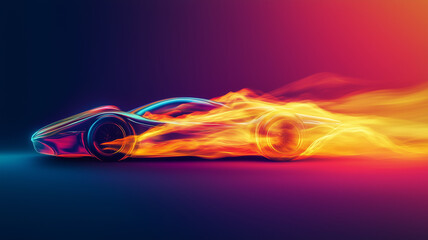 Futuristic car moving at high speed concept horizontal poster. Powerful acceleration of a supercar on a night track with colorful lights and trails. Bright colors. Digital illustration. AI artwork. 