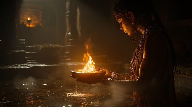 Woman holding a burning bowl near water in dark ancient temple.