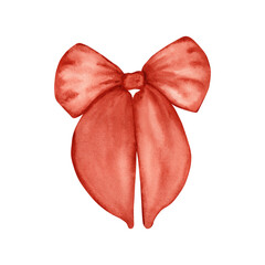 Illustration of a red watercolor bow. The bow is hand drawn in watercolor technique. For your design