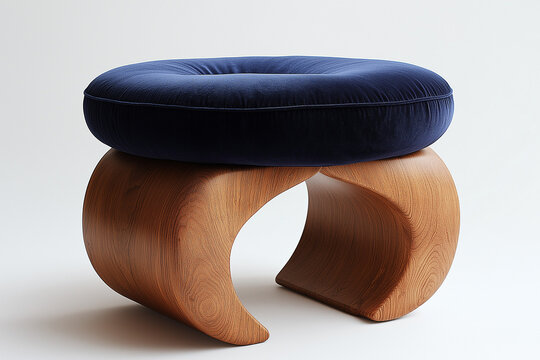 Photographie studio d'un tabouret au design moderne avec coussin rond en velours color&eacute; et lignes &eacute;pur&eacute;es sur fond blanc pur