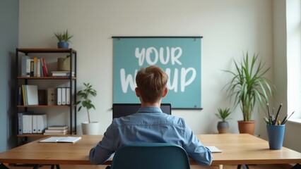 Modern office with a person on a video call, decorated with motivational art and a cozy bookshelf