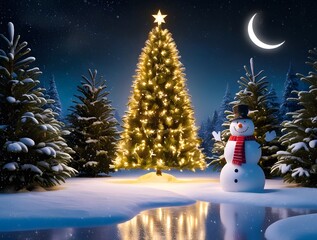 Obraz premium glowing christmas tree with a snowman