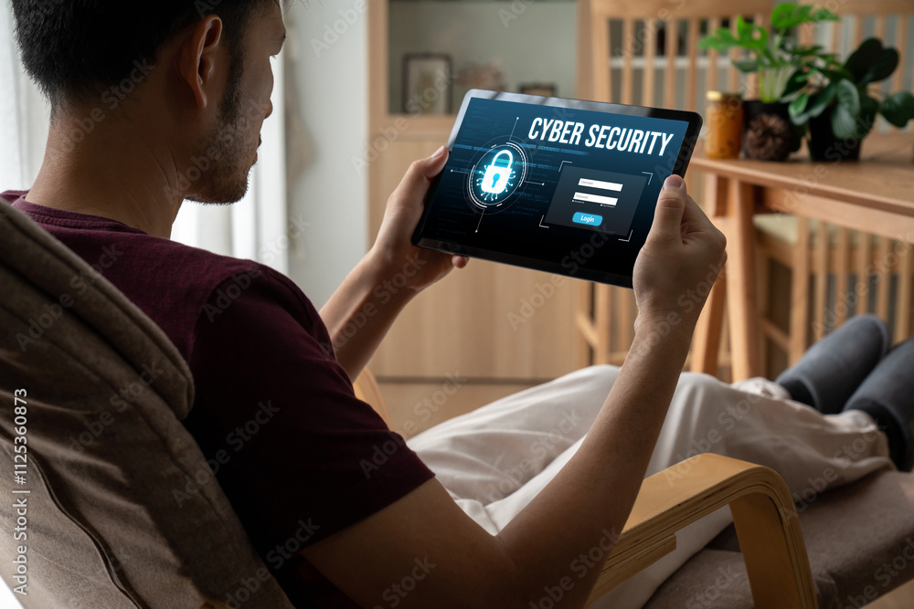 Poster cyber security system on computer screen protect private information snugly from hacker and cyber at