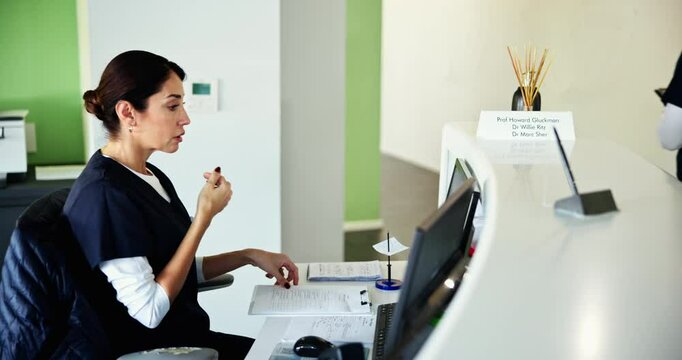 Receptionist, stress and headache with woman at dental clinic for paperwork deadline, healthcare and burnout. Frustrated, medical and documents with person for fatigue, admin report and tired