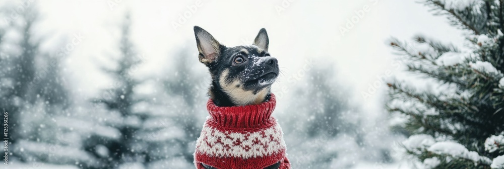 Poster A cheerful dog wearing a colorful winter sweater sits in front of a snowy backdrop, surrounded by frosty trees and falling snowflakes. Generative AI