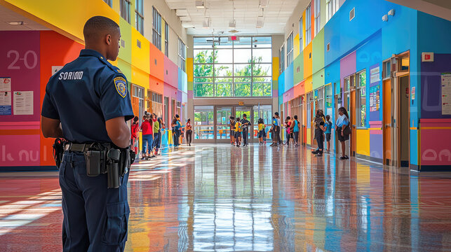 African man police officer patrolling colorful school hallway with students lining the walls