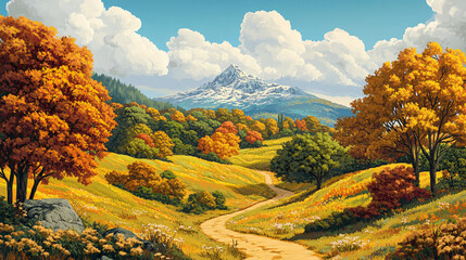 Lush autumn hills with a winding trail leading to a distant mountain peak