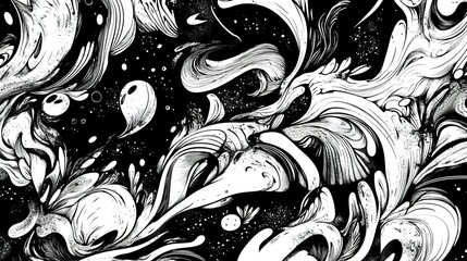 Monochrome abstract seamless graphics, black-and-white contrasts, intricate details, modern textures, artistic visuals.