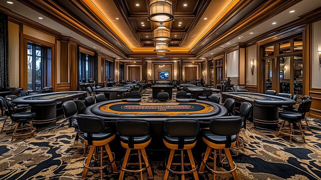 Luxurious casino poker room with many tables and chairs.