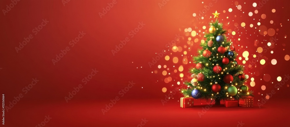 Aufkleber christmas tree with colorful decorations on a red background with bokeh lights banner design with sp