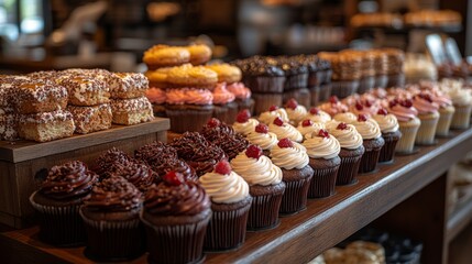 Fototapeta premium A delightful selection of cupcakes and desserts is beautifully arranged on wooden shelves in a warm bakery environment. Customers enjoy the enticing treats.