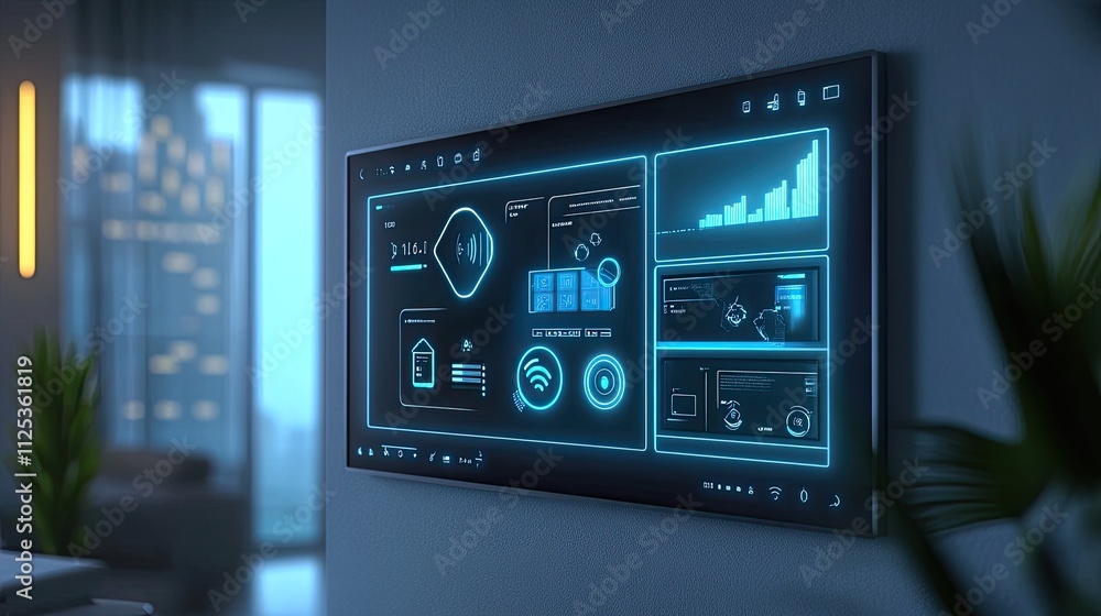 Poster smart home control panel display on wall, showing various data.
