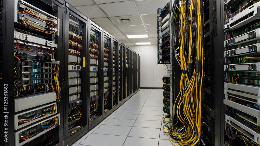 Poster server room: a maze of interconnected servers and cables, a testament to the power and complexity of