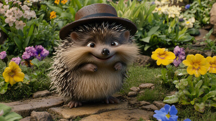 Smiling hedgehog wearing brown hat surrounded by garden flowers spring