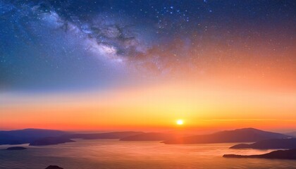 Milky Way Sunrise: A breathtaking panoramic view of a vibrant sunrise over a misty landscape, with the Milky Way galaxy stretching across the night sky.