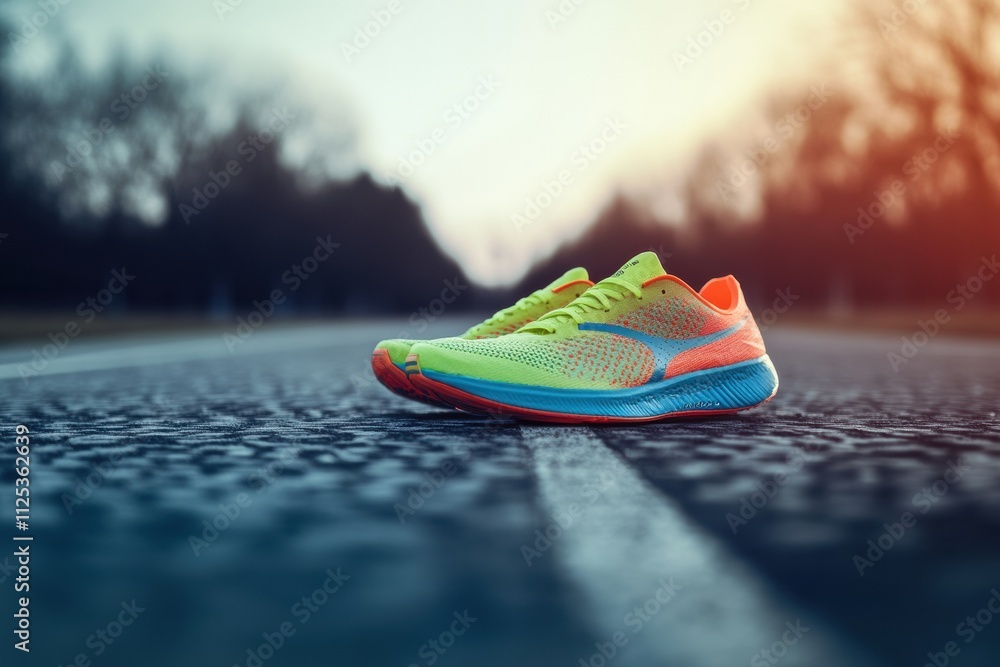 Leinwandbilder A pair of bright running shoes rests on a running track, surrounded by a peaceful outdoor setting during sunset, inviting active exploration. Generative AI