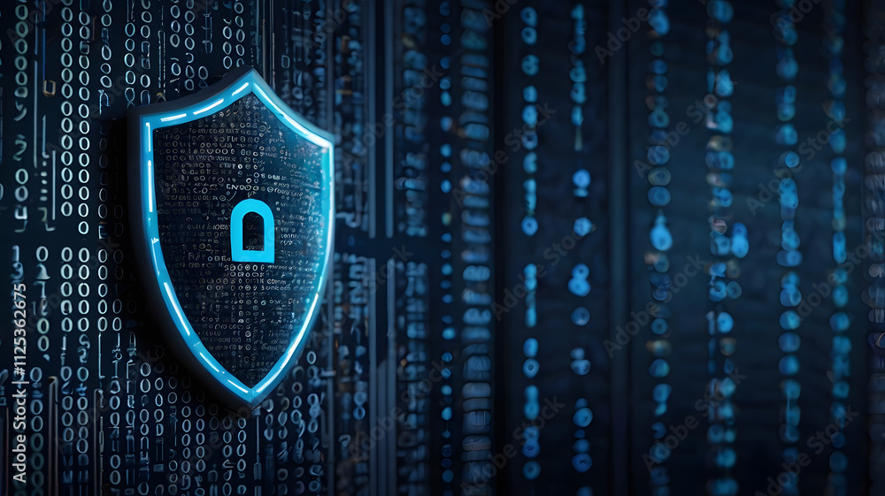 Aufkleber cybersecurity shield: digital fortress. a glowing blue shield icon with a lock, signifying impenetra