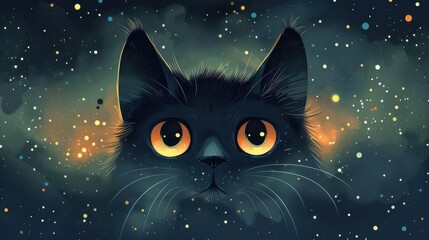 Fototapeta premium Cartoon cat face with a starry night, celestial background