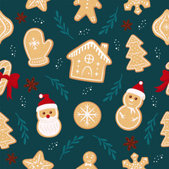Christmas seamless pattern with gingerbread cookies. Cute vector illustration.