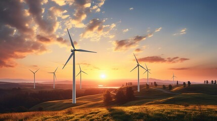 Obraz premium A photo of a wind farm with turbines against a sunset