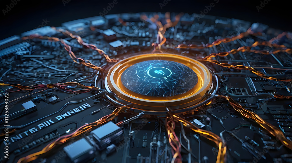 Poster cybernetic eye: a mesmerizing close-up of a futuristic cybernetic eye embedded within intricate circ