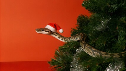 A python snake in a New Year's hat wraps around the Christmas tree and looks attentively, the composition on a bright red background with space for text