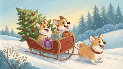 Funny Welsh Corgi Pembroke dogs in a New Year's hat are carrying gifts and a Christmas tree in a sleigh through the winter forest. A beautiful postcard painted in vintage style.