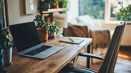 Laptop, notebook, and plants on a wooden desk in a home office.