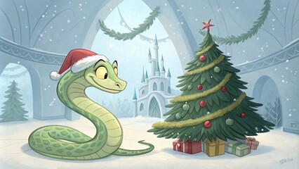 A cute green smiling snake in a New Year's hat looks at the Christmas tree in the winter ice palace. A beautiful postcard drawn in a cartoon style.