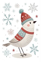 A cute little Scandinavian bird in a New Year's hat among snowflakes in a winter forest. Beautiful vintage postcard hand-drawn in cartoon style.