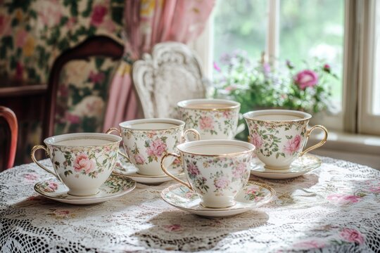 vintage tea party, vintage tea cups and saucers displayed on lace tablecloth in a beautiful sunlit parlor with floral wallpaper