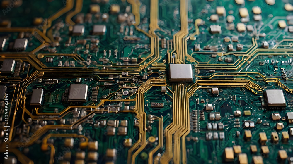 Poster circuitry: a close-up view of a green and gold printed circuit board, showcasing the intricate netwo