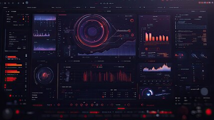 Futuristic digital dashboard with data visualization, graphs, charts, and interfaces.
