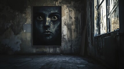 A black and white painting of a woman's face with a sad expression