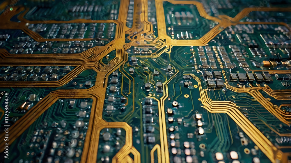 Poster circuit board intrigue: close-up view of a complex circuit board, showcasing intricate golden pathwa