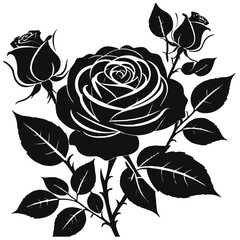 Roses flat black icon . Rose Art Beautiful Black and White Rose Illustration, Flowers silhouette icons. 
