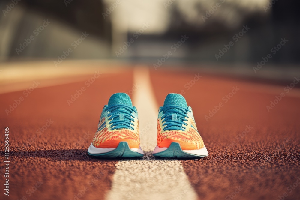 Poster brightly colored running shoes are placed on a track, ready for an athlete to start training or comp