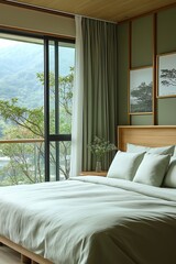 Serene hotel room with neatly arranged bed and scenic window view