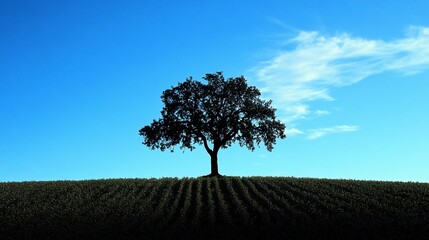 Obraz premium Solitary tree silhouetted against a vibrant blue sky over a field.