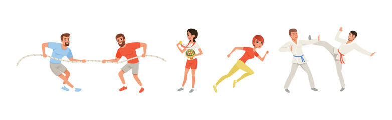 Man and Woman Character Engaged in Sport Competitive Activity Vector Set © topvectors